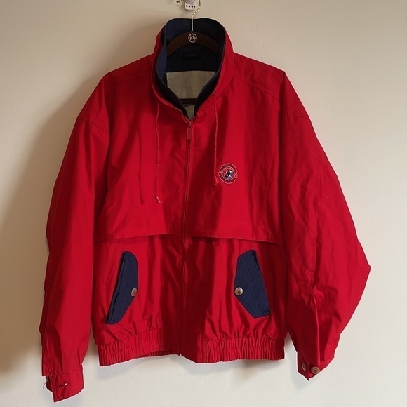 VTG 90s Jacket Gear Sports Boating Large Red Navy Blue Long Sleeve Windbreaker - Picture 1 of 14